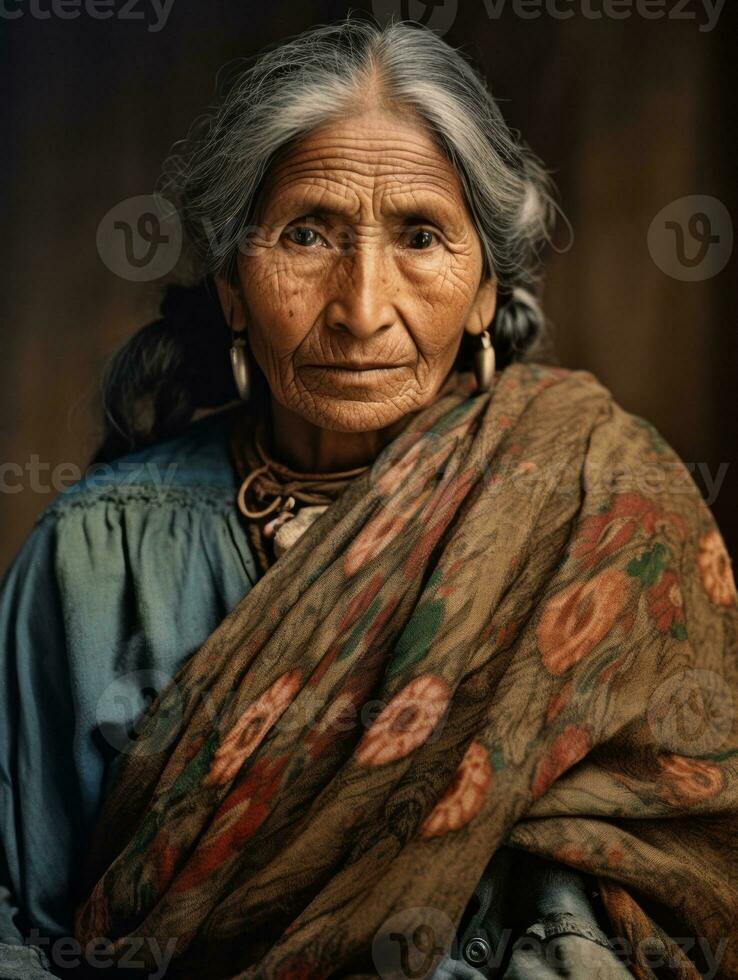 vieux coloré photographier de une mexicain femme de le de bonne heure années 1900 ai génératif photo