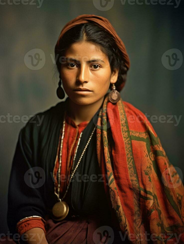 vieux coloré photographier de une mexicain femme de le de bonne heure années 1900 ai génératif photo