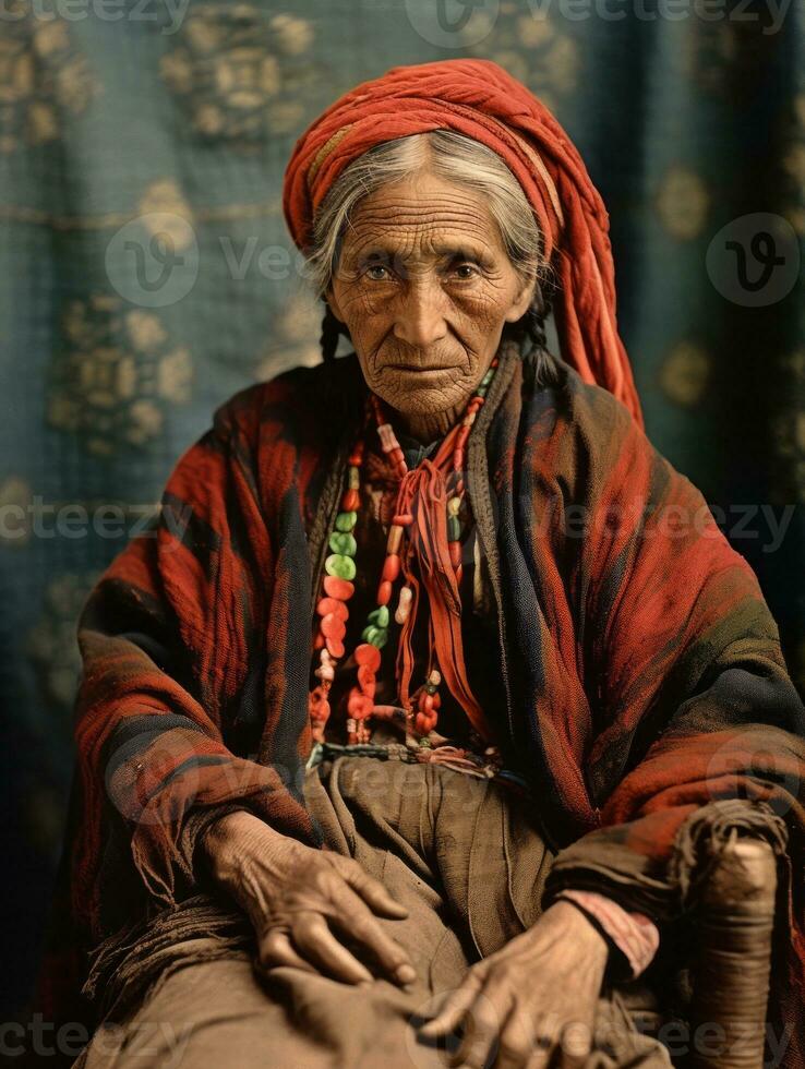 vieux coloré photographier de une mexicain femme de le de bonne heure années 1900 ai génératif photo