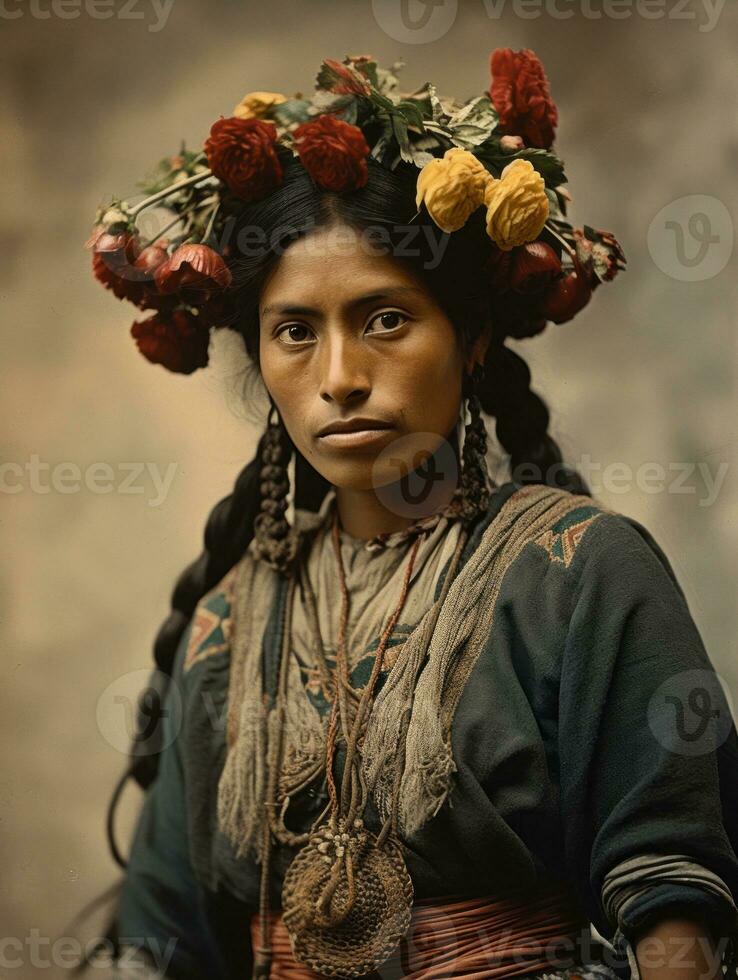 vieux coloré photographier de une mexicain femme de le de bonne heure années 1900 ai génératif photo