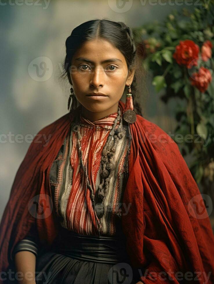 vieux coloré photographier de une mexicain femme de le de bonne heure années 1900 ai génératif photo