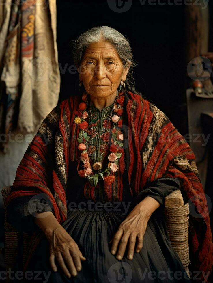 vieux coloré photographier de une mexicain femme de le de bonne heure années 1900 ai génératif photo