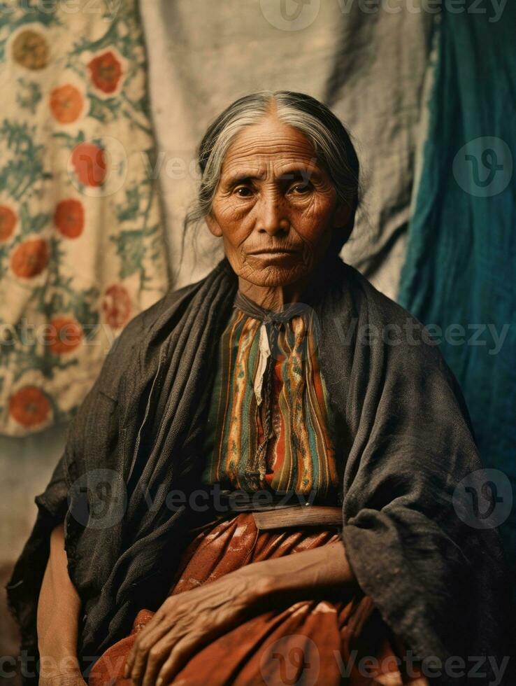 vieux coloré photographier de une mexicain femme de le de bonne heure années 1900 ai génératif photo