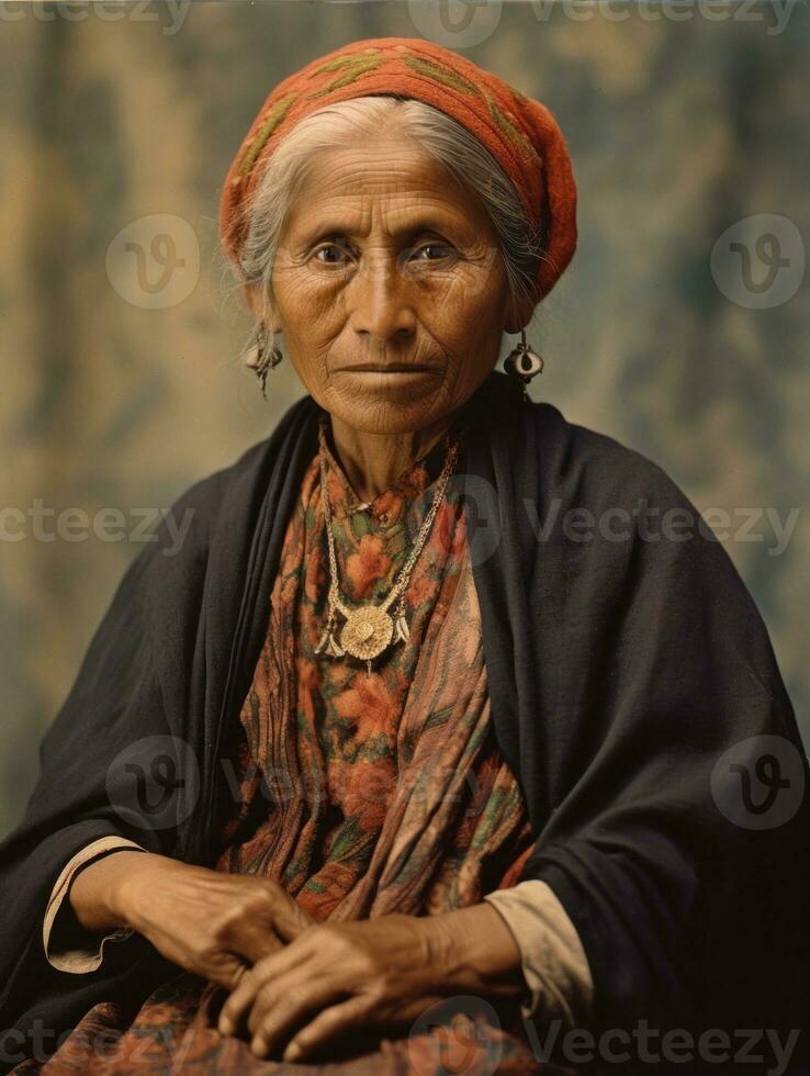 vieux coloré photographier de une mexicain femme de le de bonne heure années 1900 ai génératif photo