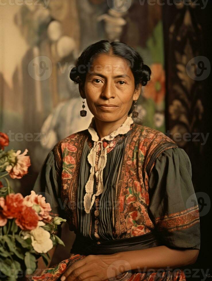 vieux coloré photographier de une mexicain femme de le de bonne heure années 1900 ai génératif photo