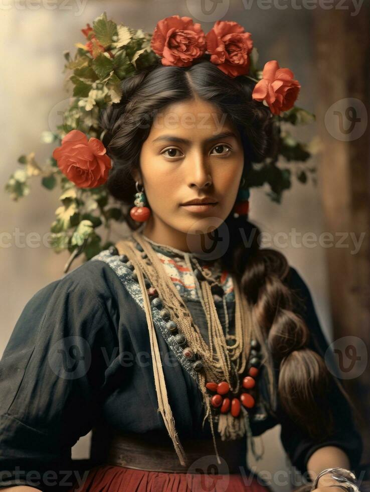 vieux coloré photographier de une mexicain femme de le de bonne heure années 1900 ai génératif photo