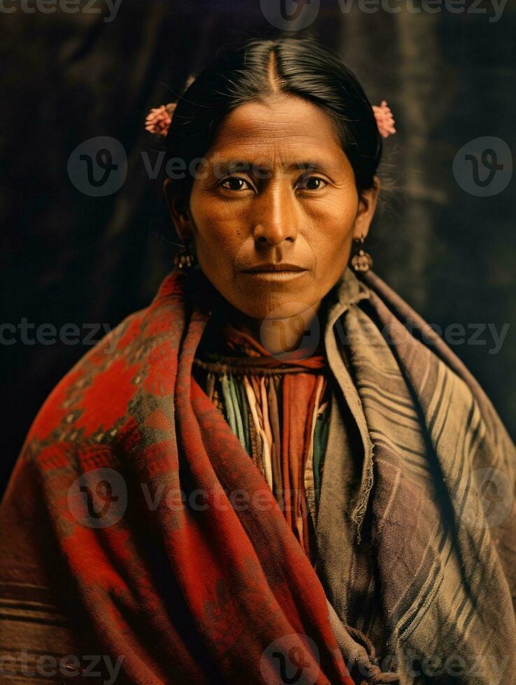 vieux coloré photographier de une mexicain femme de le de bonne heure années 1900 ai génératif photo