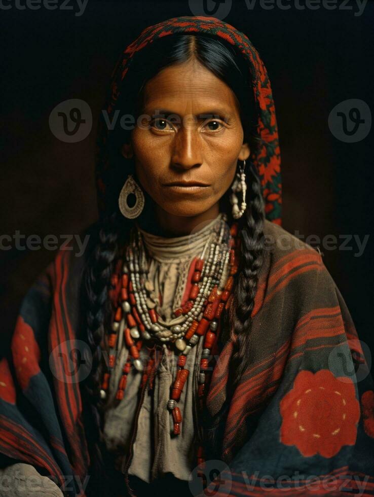 vieux coloré photographier de une mexicain femme de le de bonne heure années 1900 ai génératif photo