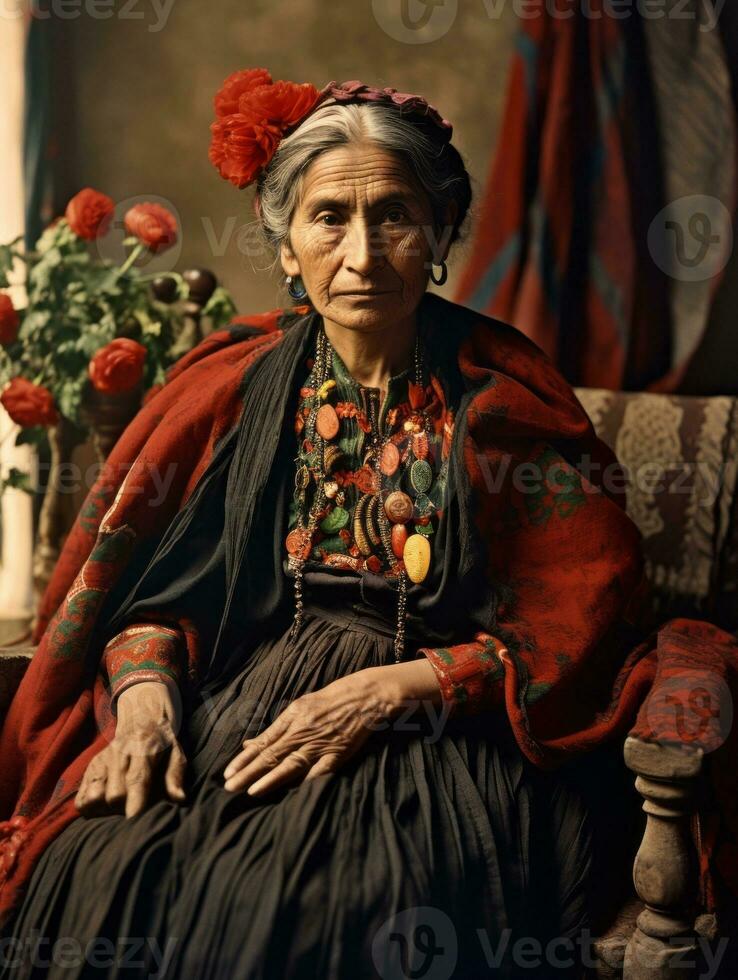 vieux coloré photographier de une mexicain femme de le de bonne heure années 1900 ai génératif photo