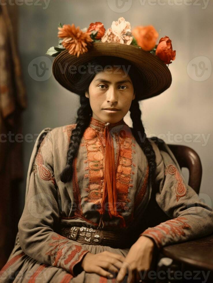 vieux coloré photographier de une mexicain femme de le de bonne heure années 1900 ai génératif photo