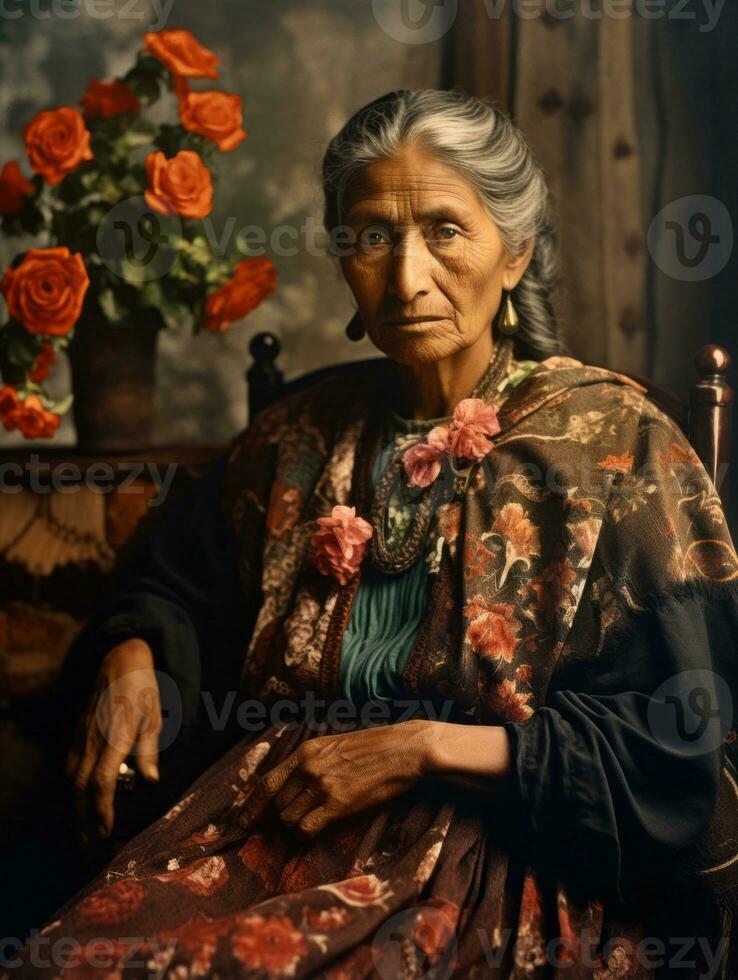 vieux coloré photographier de une mexicain femme de le de bonne heure années 1900 ai génératif photo