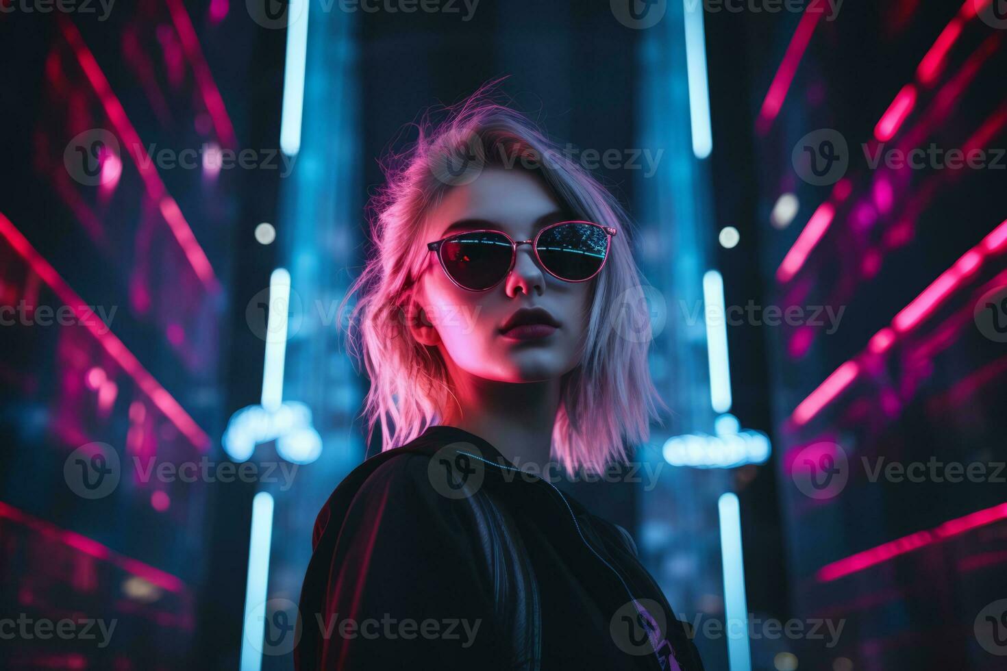 une femme dans des lunettes de soleil permanent dans de face de néon lumières génératif ai photo