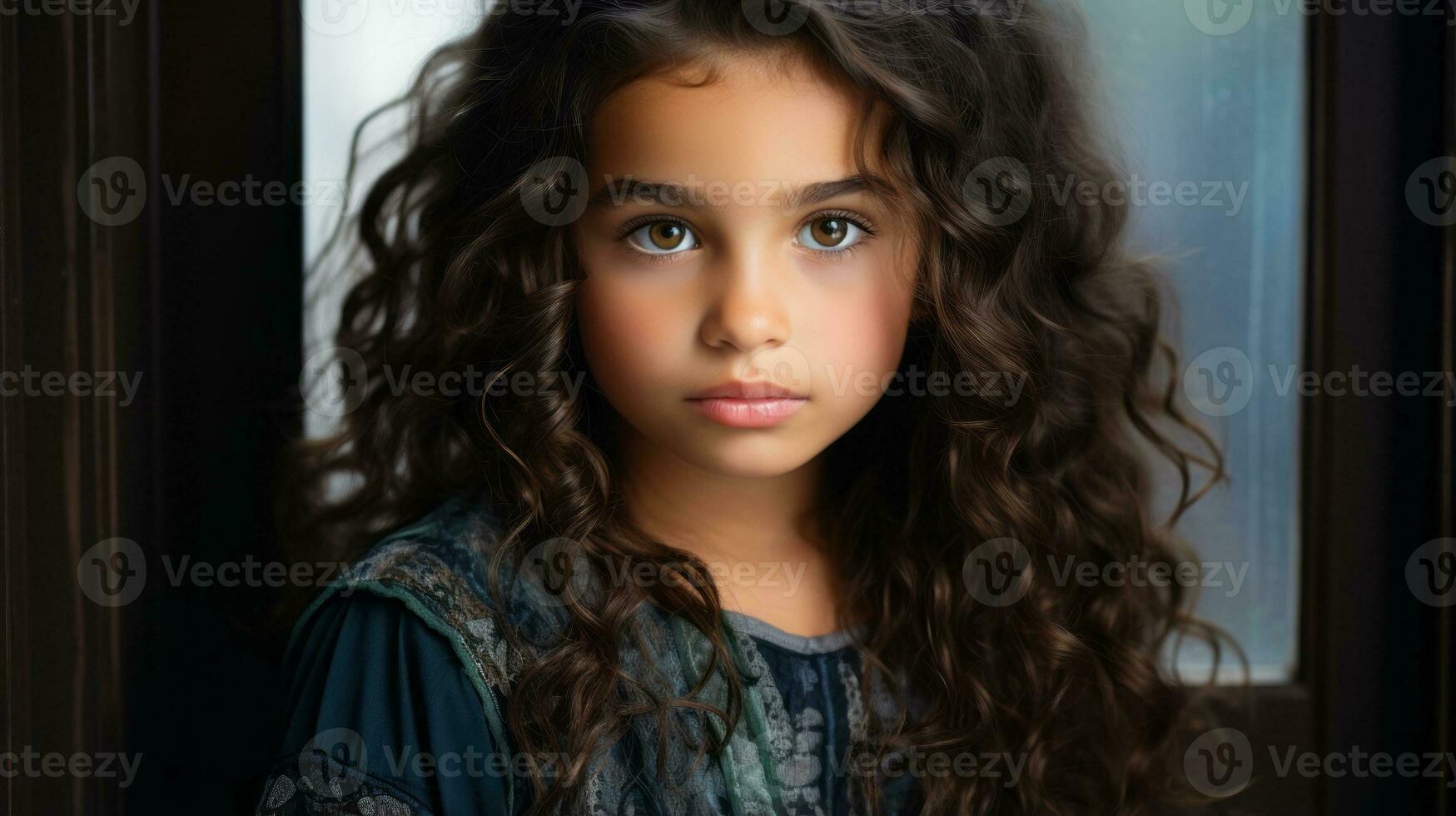 une Jeune fille avec longue frisé cheveux à la recherche à le caméra génératif ai photo