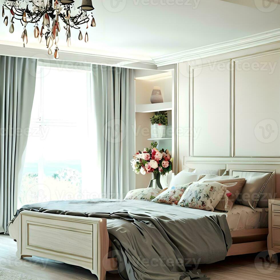 minimaliste chambre avec bois meubles, confortable lit, oreiller et élégant vase ai génératif photo