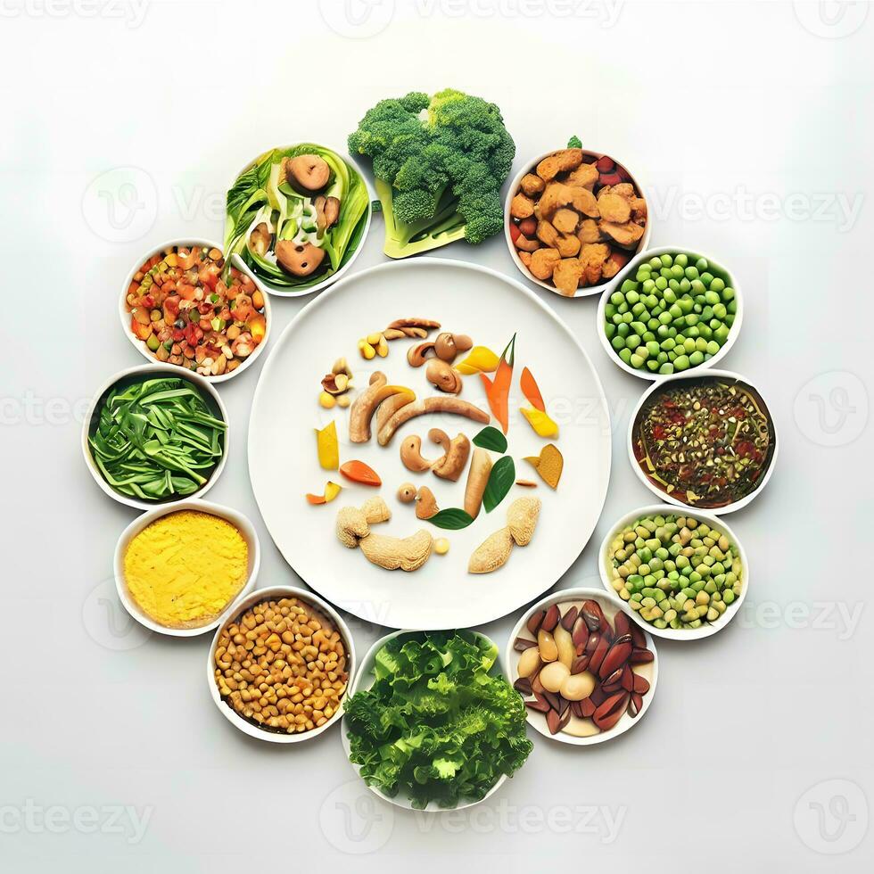 international végétalien journée fête avec rondement arrangé assiettes de végétalien nourriture ai génératif photo