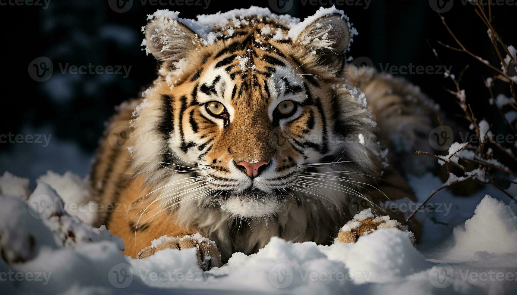 majestueux Bengale tigre en regardant, féroce et furieux dans le neige généré par ai photo