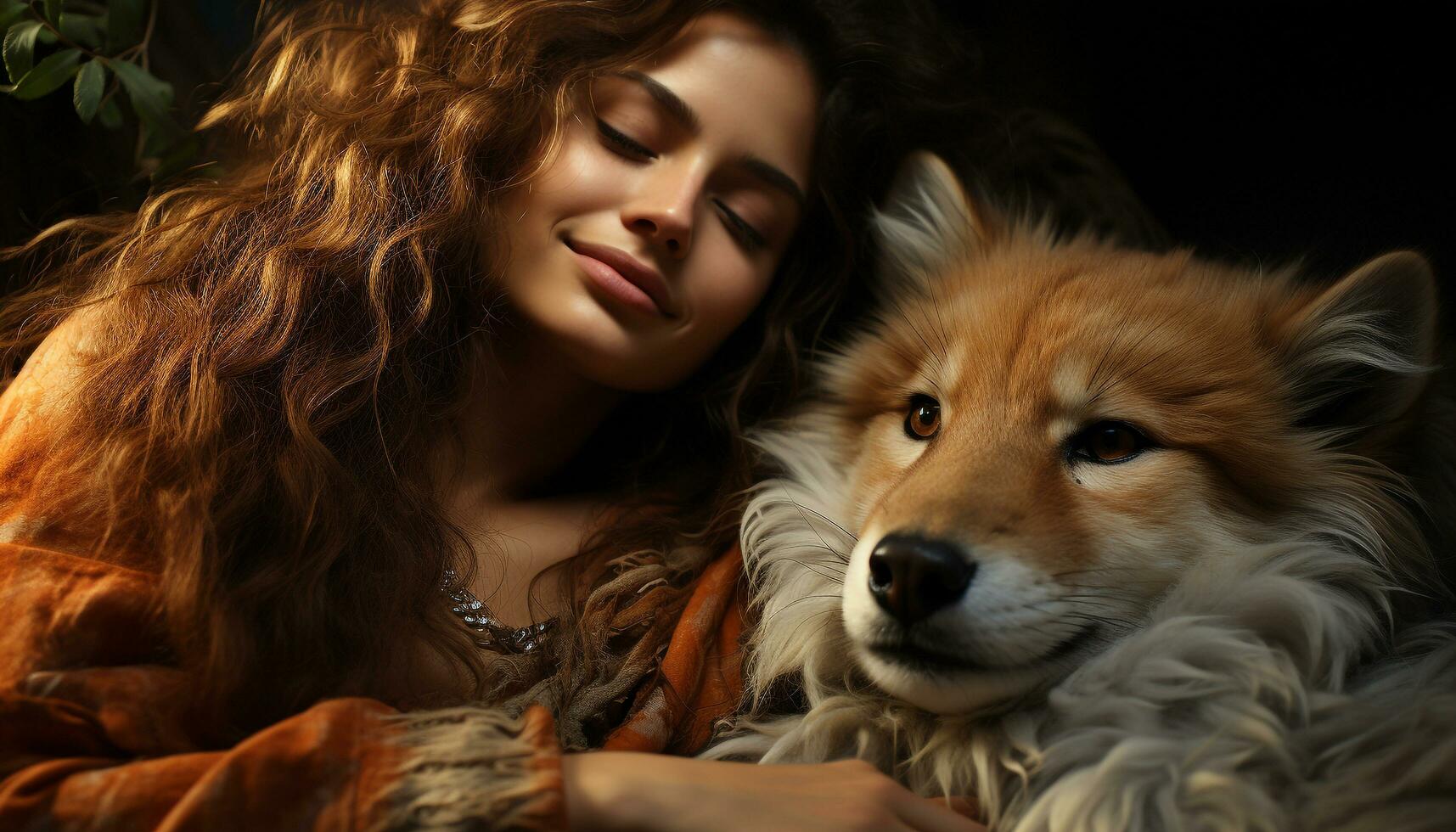 Jeune femme embrassement mignonne chiot, souriant, à la recherche à caméra généré par ai photo