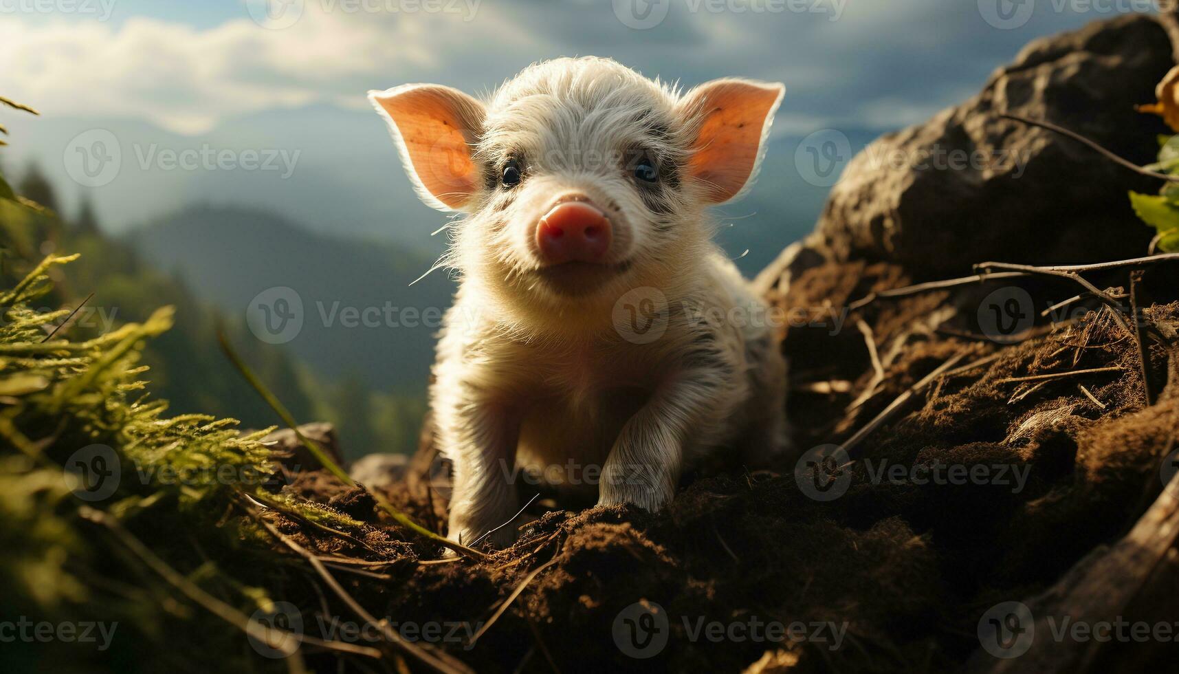 mignonne porcelet à la recherche à caméra dans vert prairie, en plein air généré par ai photo