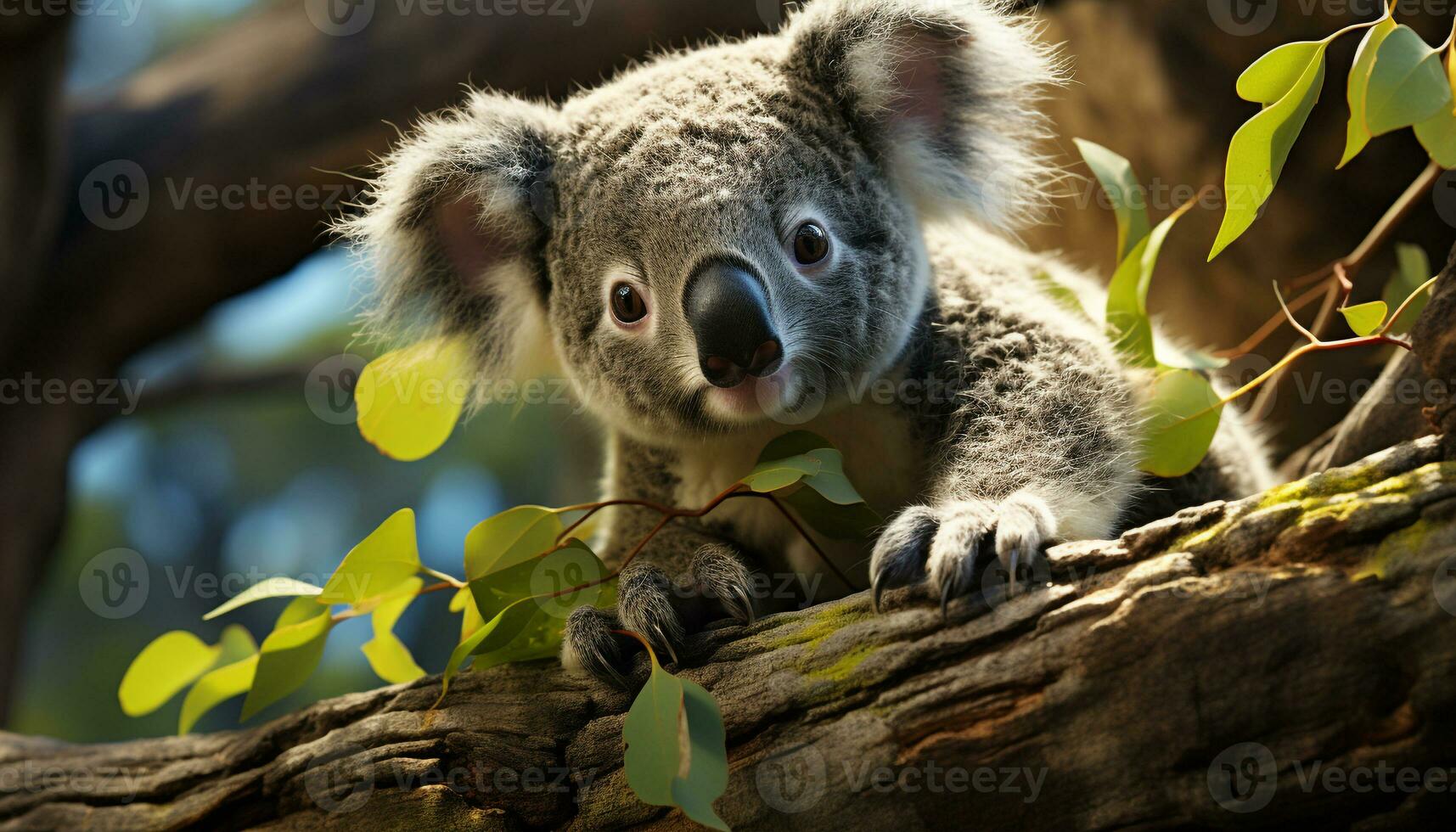 une mignonne koala séance sur une bifurquer, à la recherche à le caméra généré par ai photo