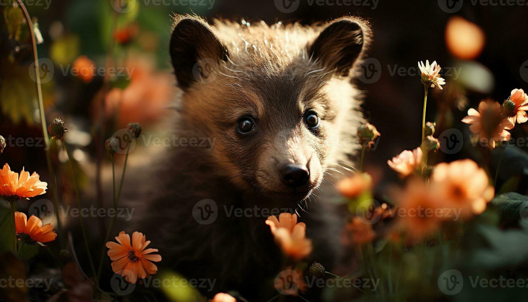 mignonne chiot séance dans herbe, à la recherche à caméra, entouré par fleurs généré par ai photo