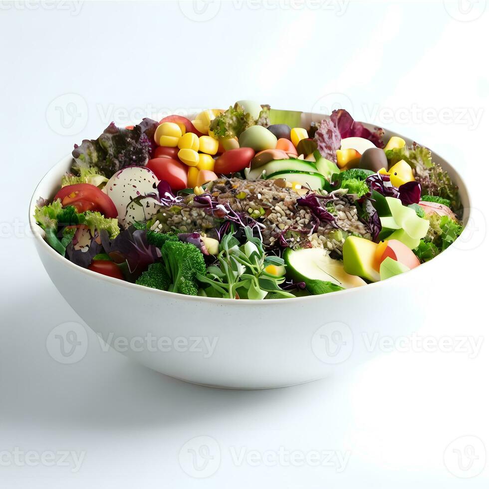 coloré végétarien salade décoration dans blanc céramique bol ai génératif photo