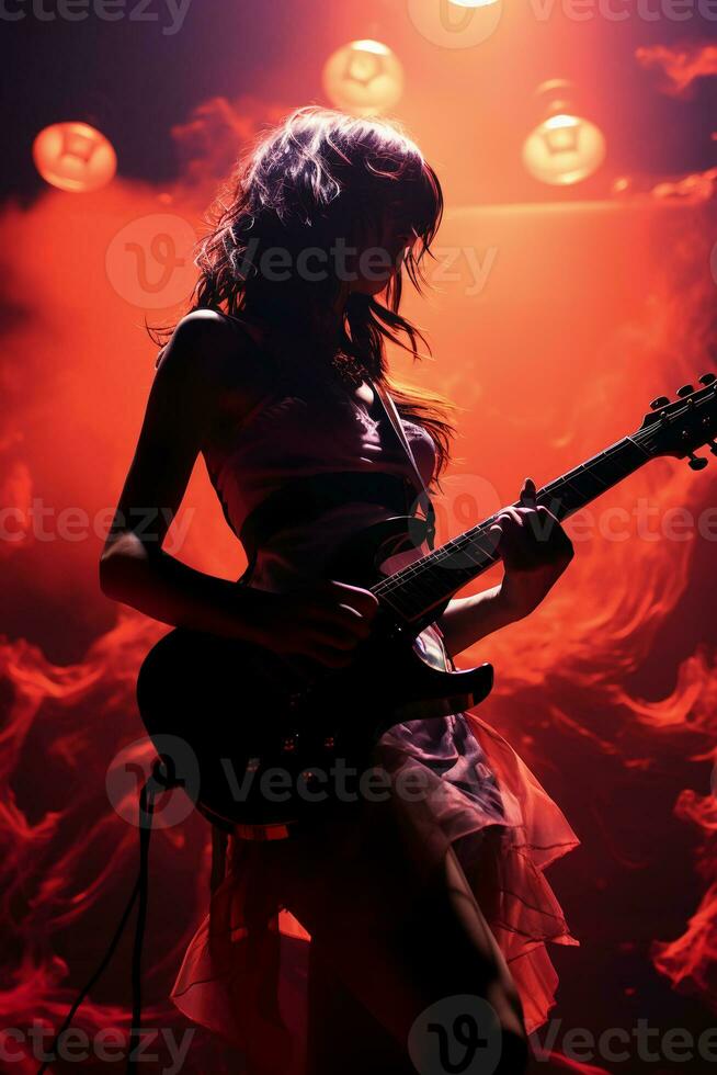 silhouette de une 18 année vieux fille, femelle Roche chanteur, jouer une électrique guitare et chanter, devant, ancien mode, moderne affiches. ai génératif photo