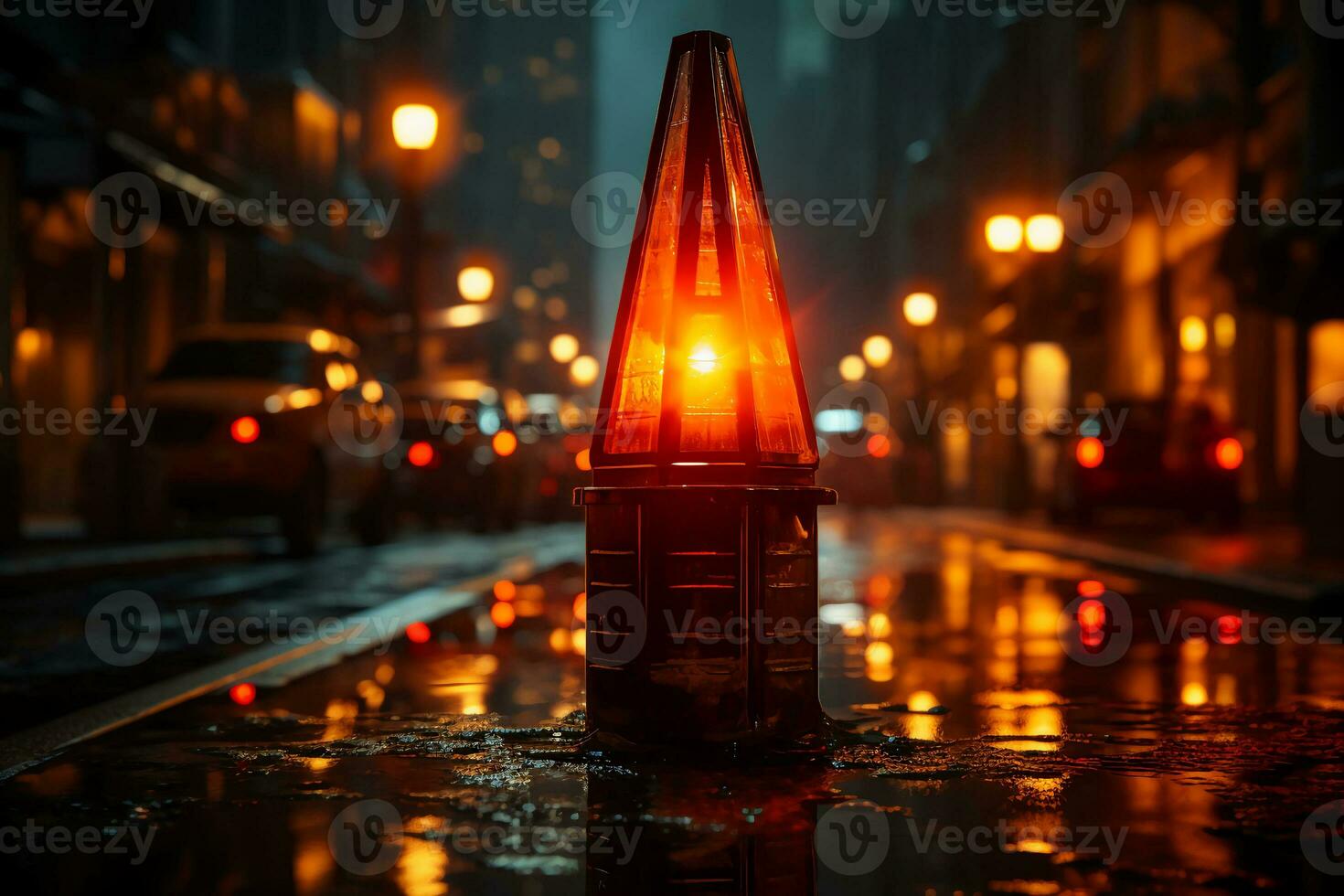 avertissement lampe dans le rue à nuit. rouge alerte lampe ou avertissement indicateur. ai génératif photo