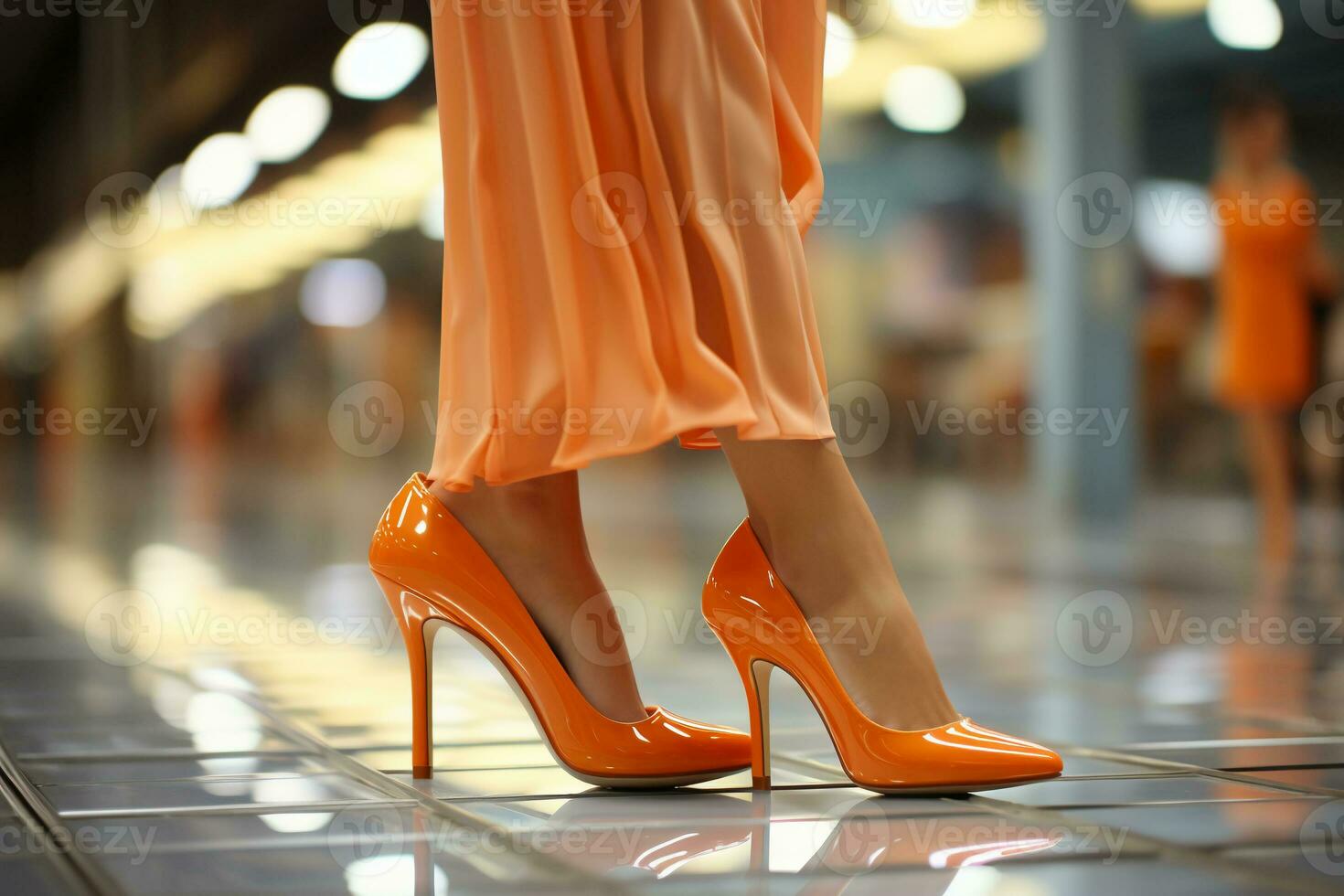 Zoom proche en haut femme dans plat des chaussures en marchant côté vue lumière et brillant Contexte intérieur hyper réaliste images. ai génératif photo