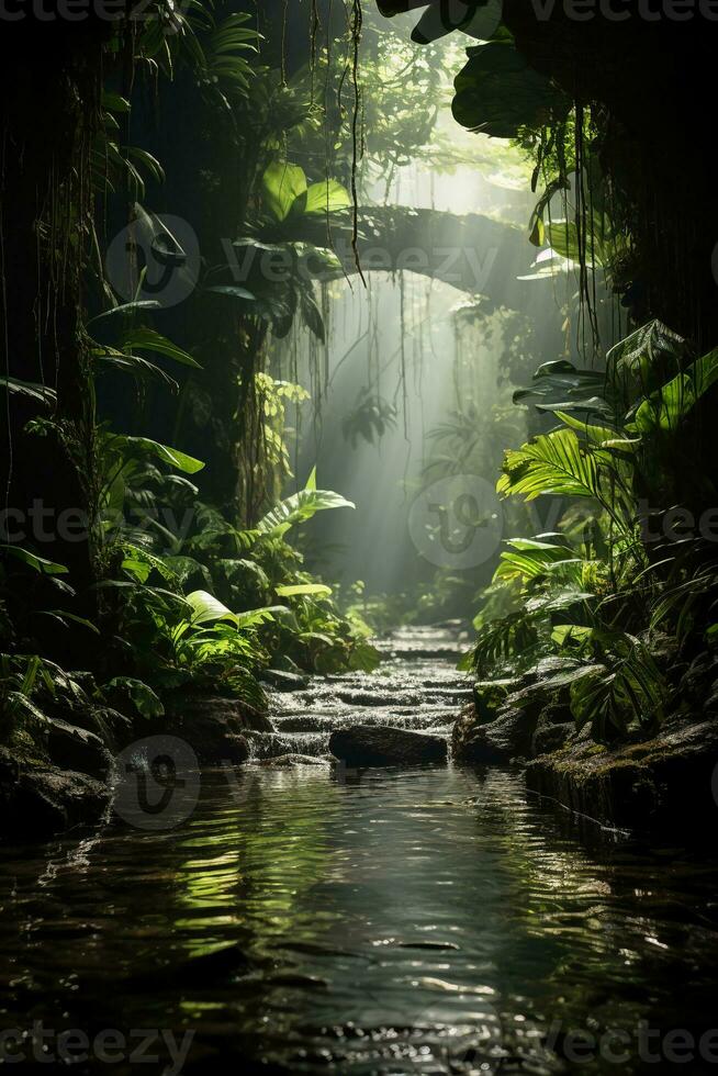 photo de à l'intérieur jungle avec Soleil. ai génératif