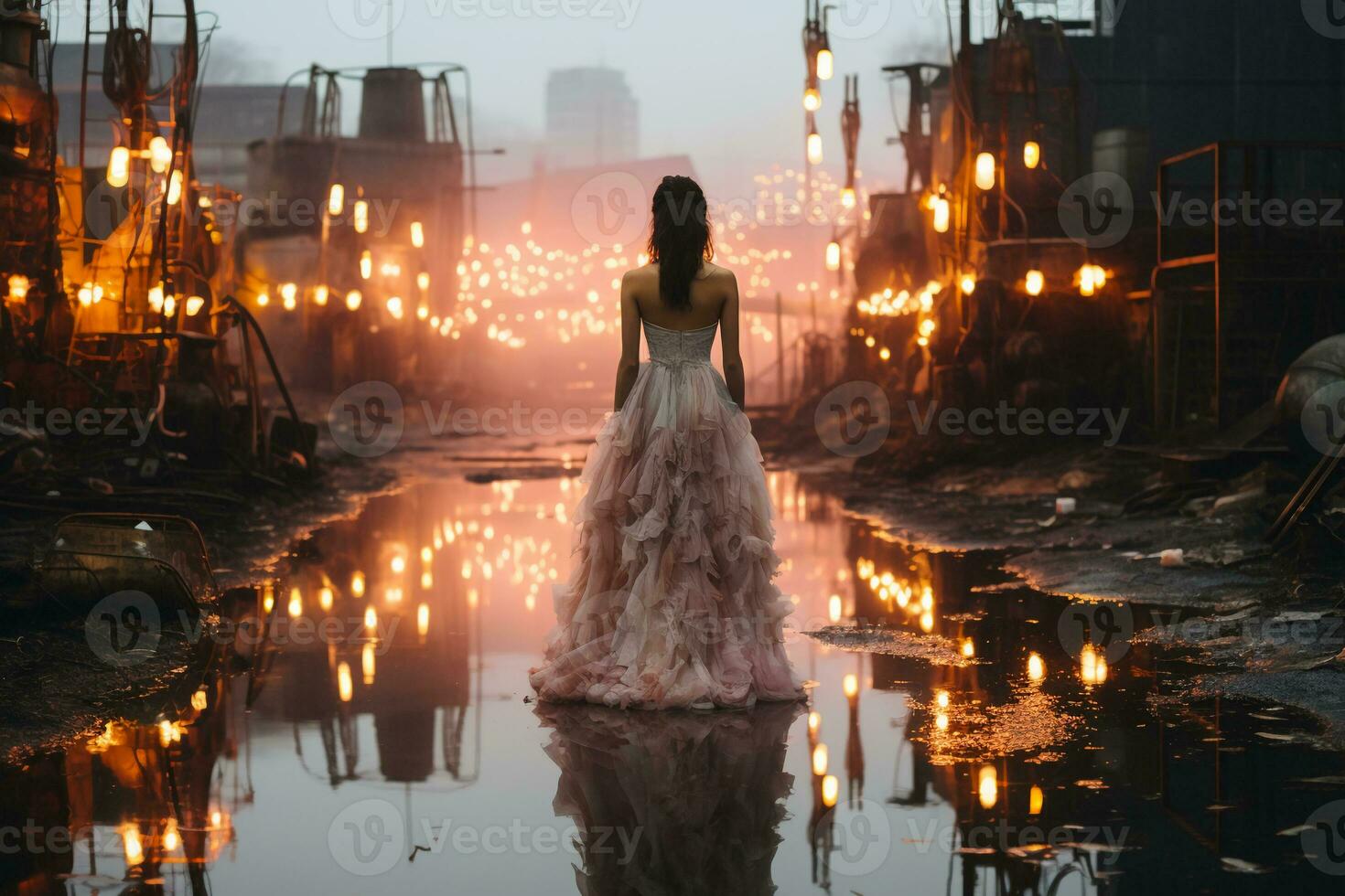 une femme dans une foncé Fée kei mode mariage robe patauger dans une fatigué industriel complexe dans le pluie à crépuscule. de mauvaise humeur atmosphère. ai génératif photo