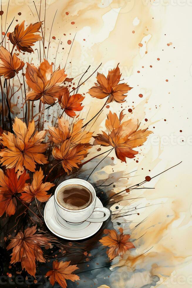 beige Contexte avec café taches et l'automne feuilles dans aquarelle style. ai génératif photo