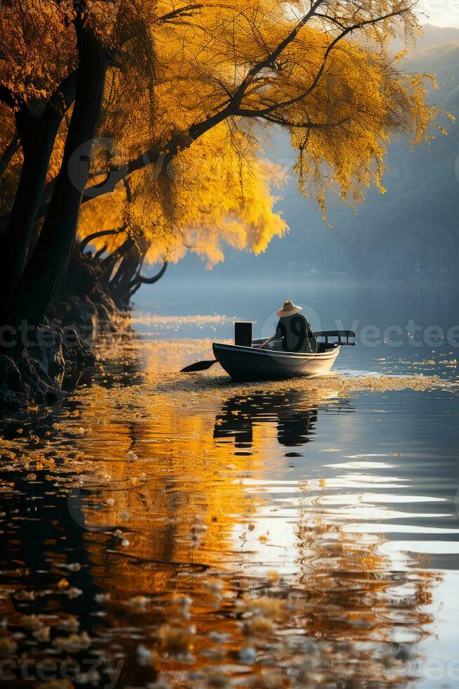 l'automne paysage, le Matin brouillard couvertures le Lac l'automne vent éclats de saules de vert à Jaune. ai génératif photo