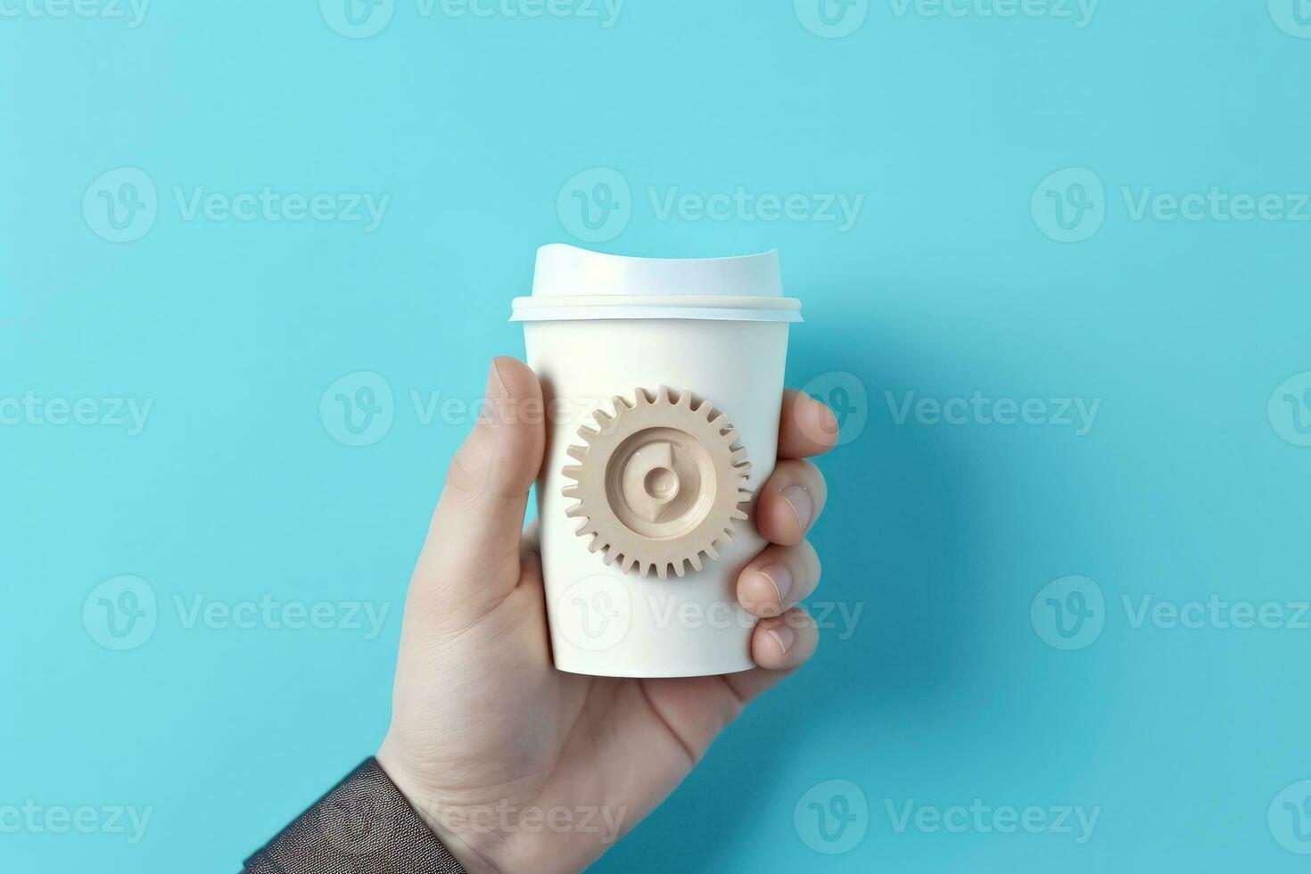 main en portant café tasse avec engrenages, bleu arrière-plan, numérique illustration. génératif ai photo