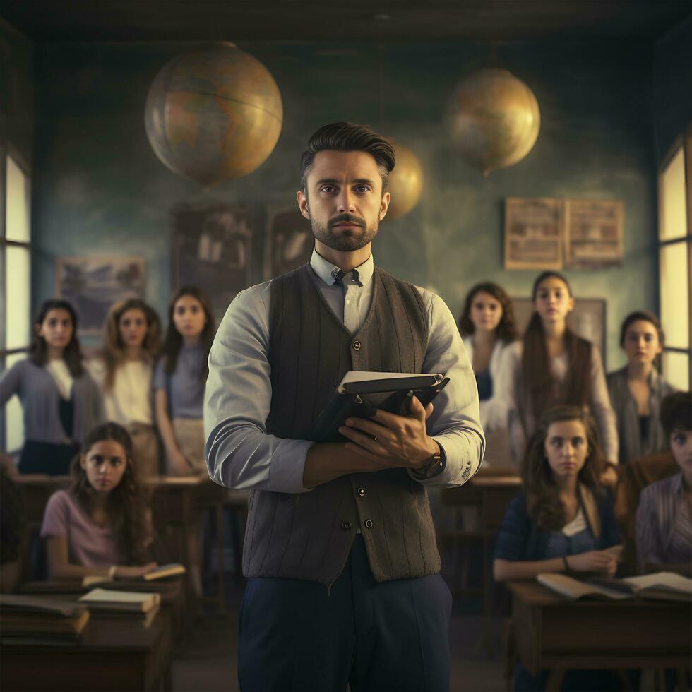 une prof qui des stands dans une classe avec élèves génératif ai photo