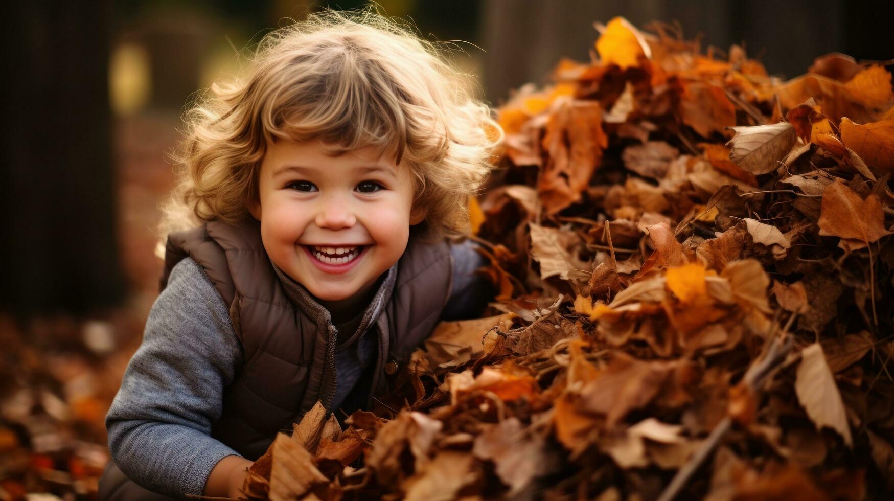 adorable les enfants en jouant dans piles de l'automne feuilles photo