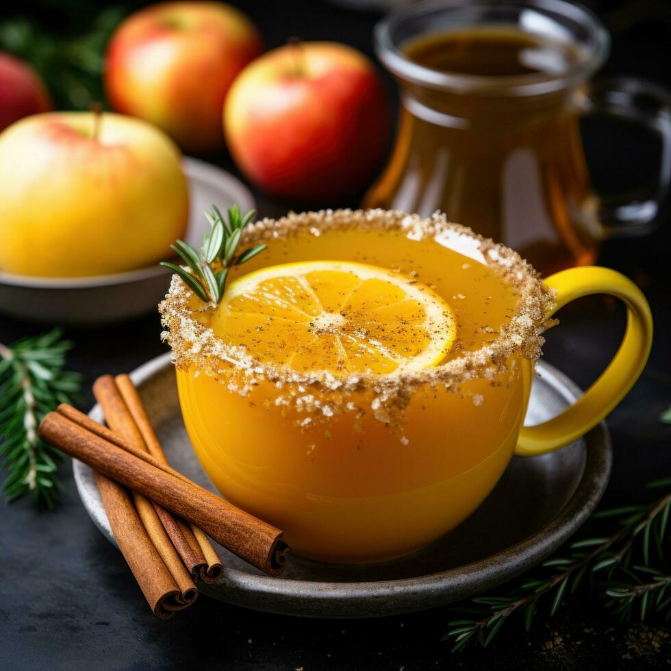 chaud Pomme Cidre servi dans confortable des tasses photo