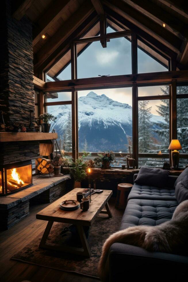 confortable cabine avec neigeux Montagne vues photo