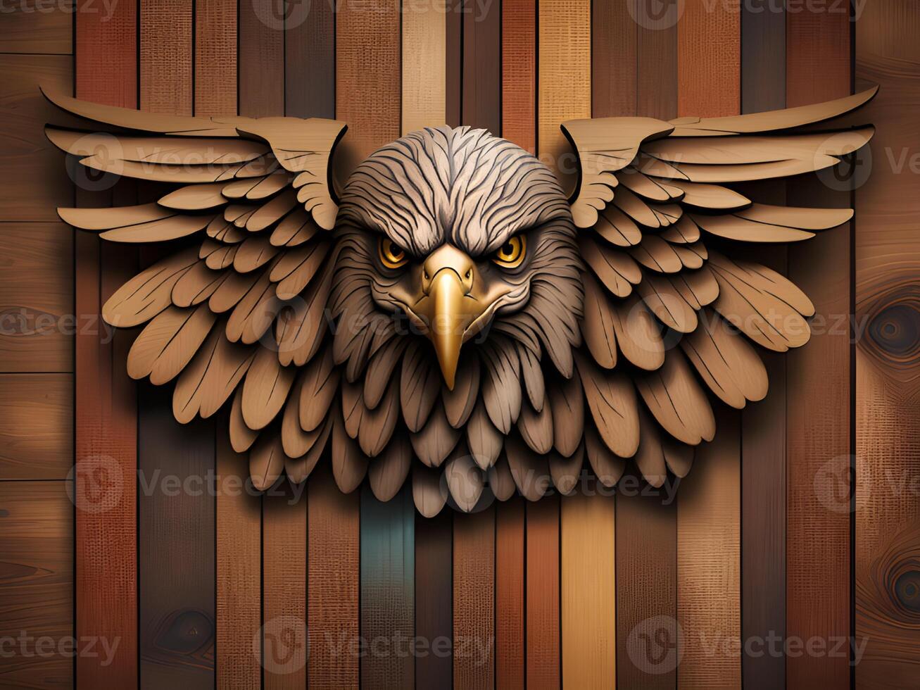 illustration de une oiseau tête avec ailes et Aigle sur en bois mur photo