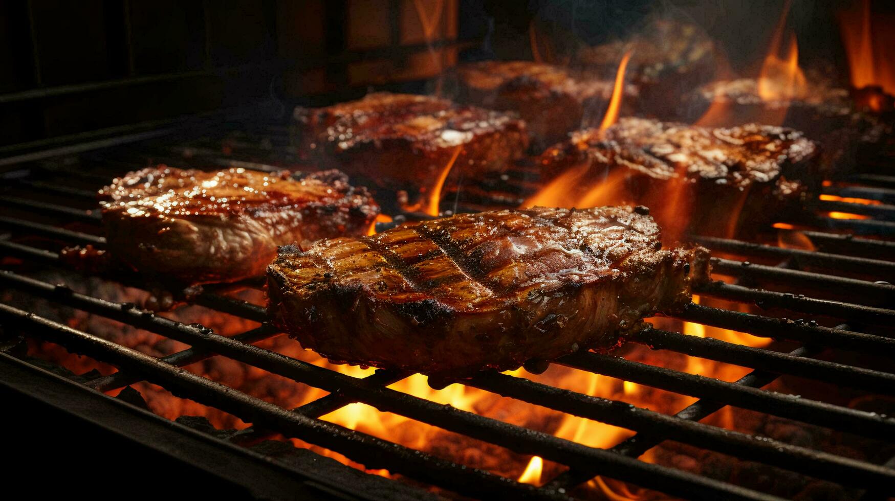 délicieux Viande frit steaks sur le gril cuit sur Feu photo