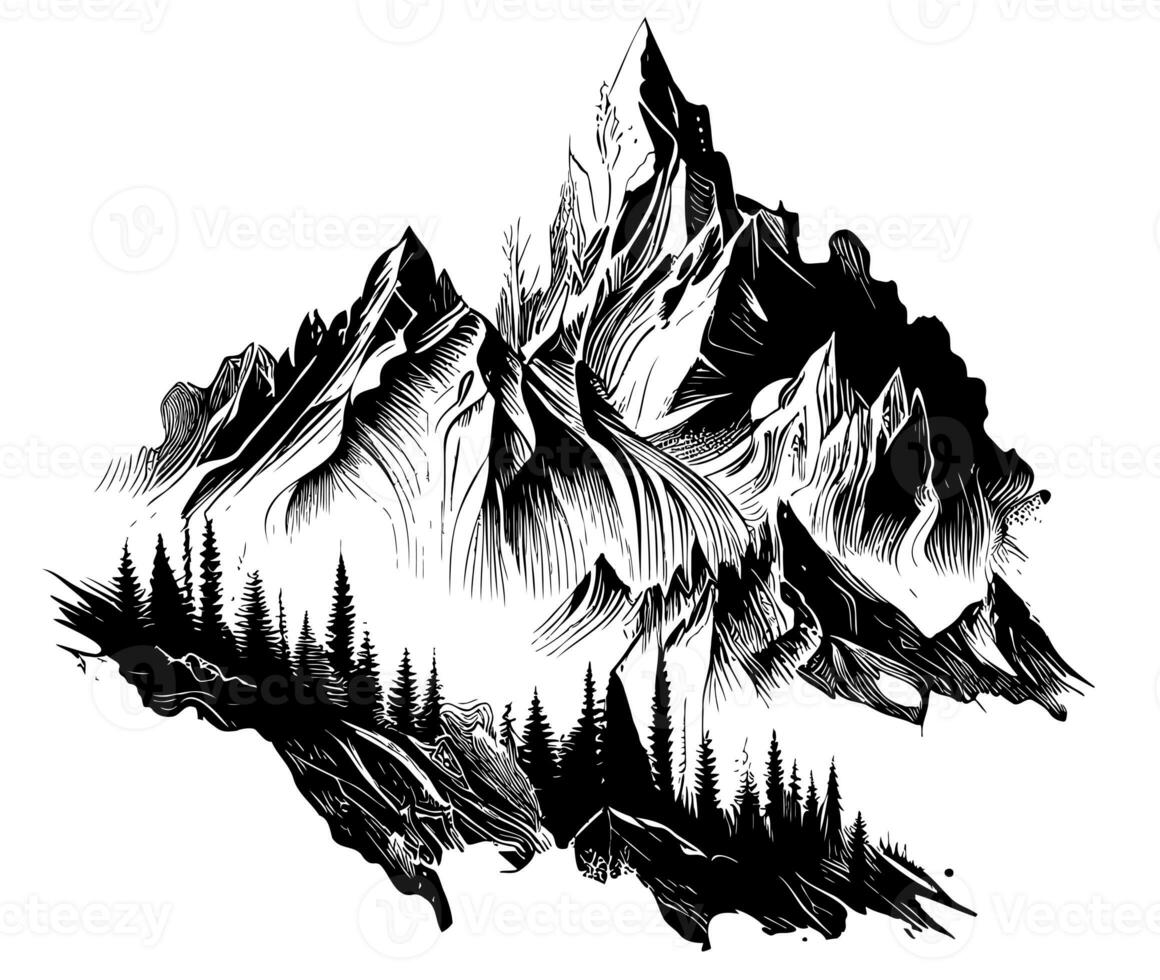 montagnes et forêt main tiré esquisser illustration magnifique la nature photo