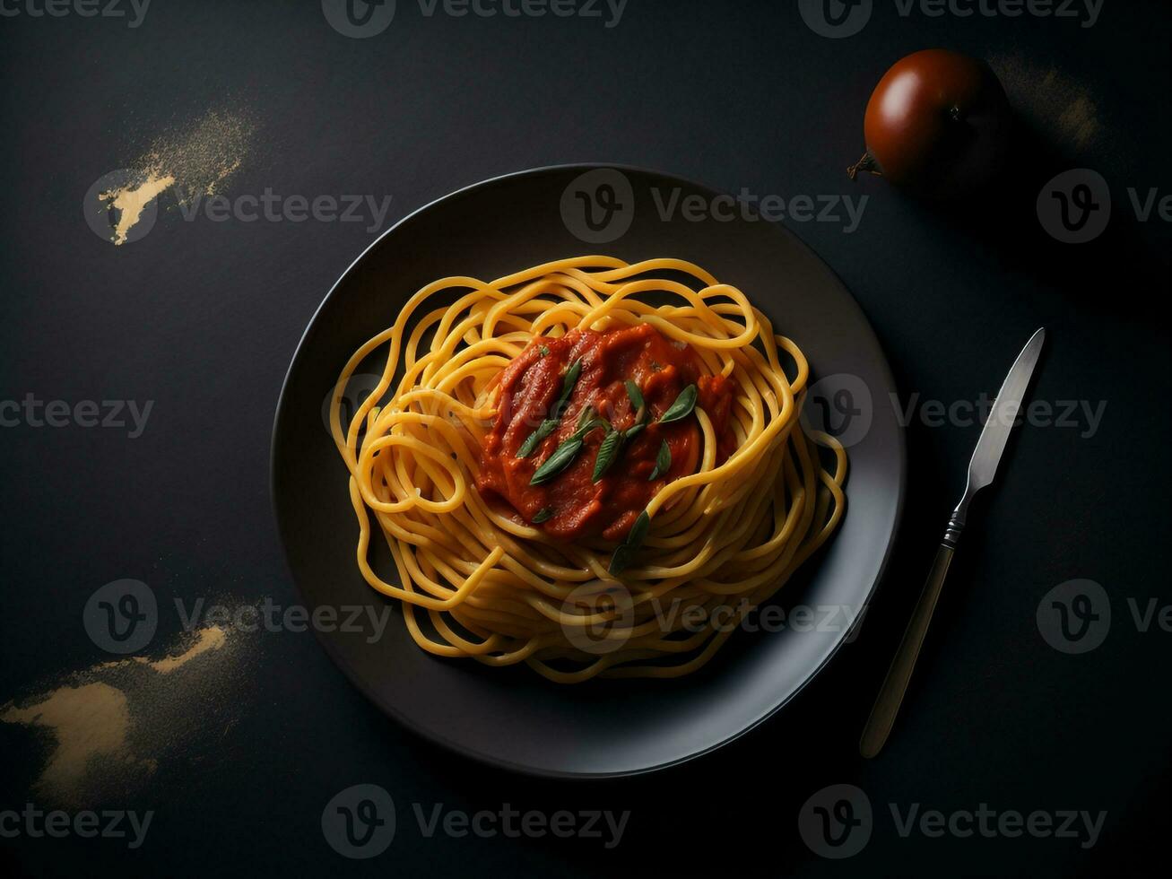 ai génératif Pâtes spaghetti avec tomate sauce dans noir bol. photo