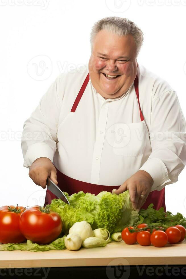 souriant en surpoids directeur couper des légumes isolé sur une blanc Contexte photo