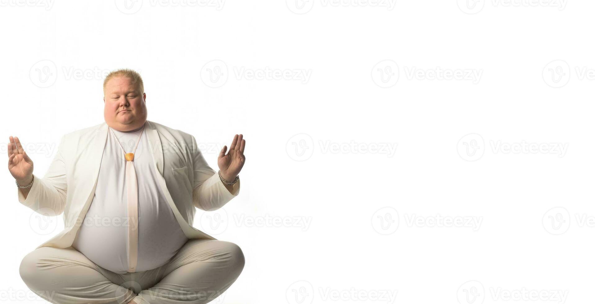 paisible en surpoids directeur pratiquant yoga pose isolé sur une blanc Contexte photo