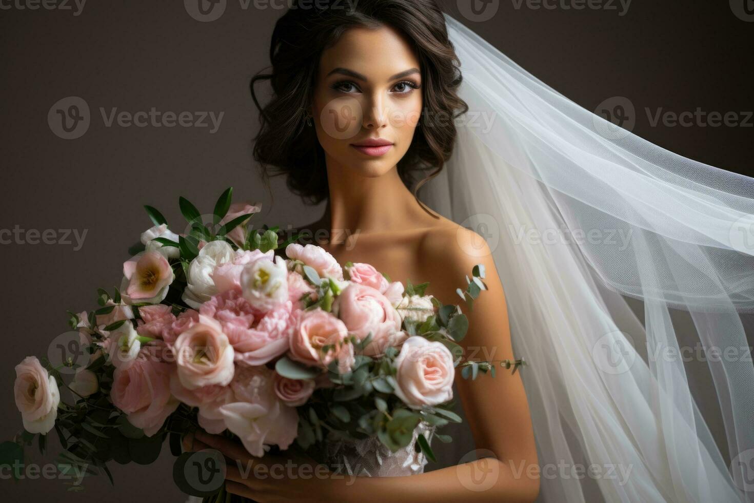 photo de la mariée avec rougir de mariée bouquet ai généré