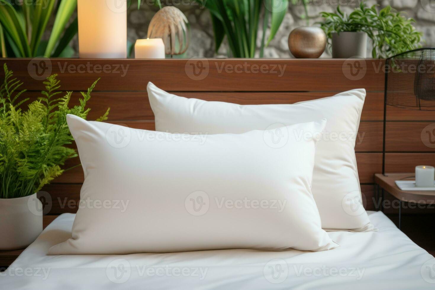 blanc oreiller maquette de une lit dans le Hôtel chambre ai généré photo