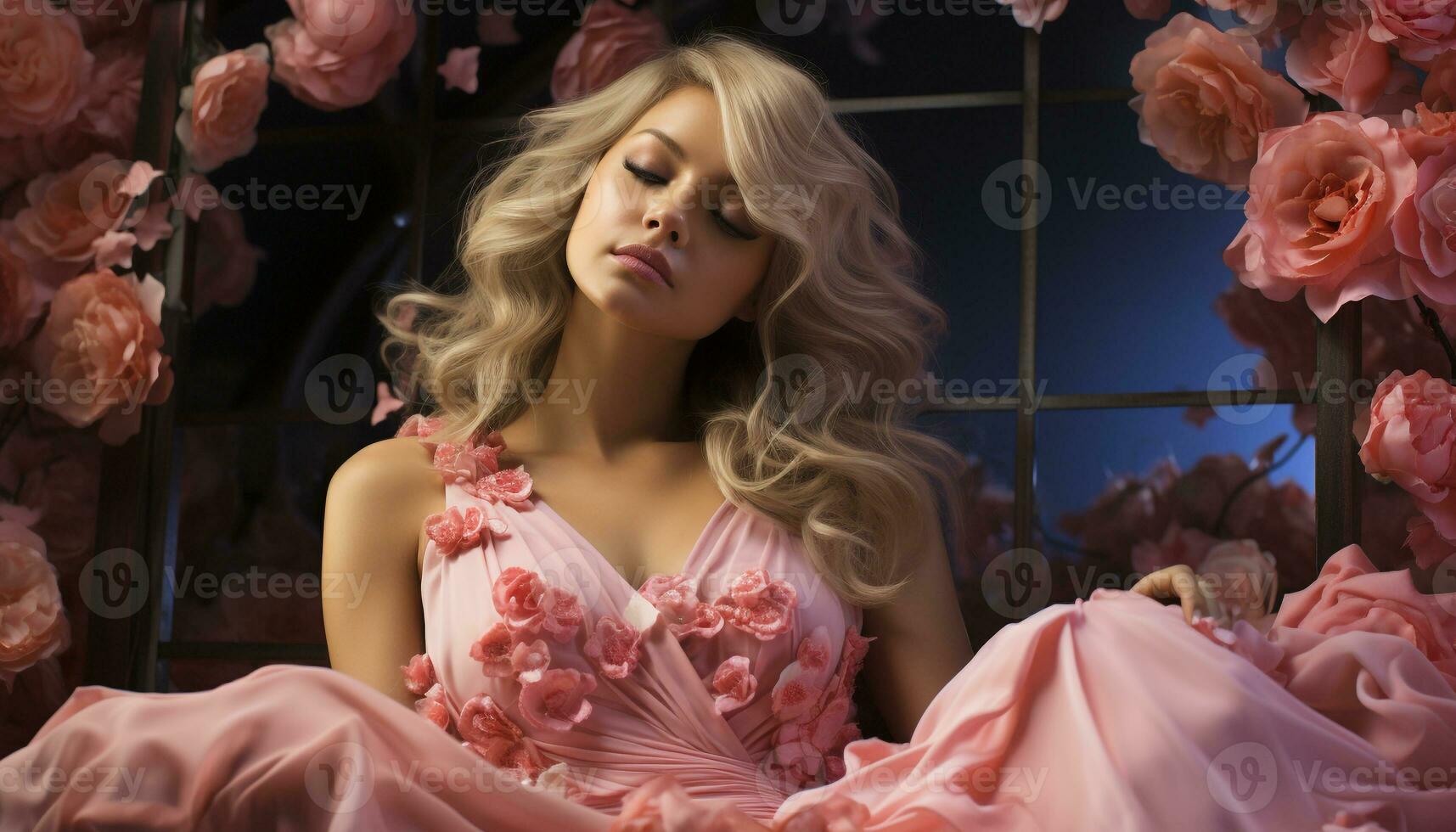 une magnifique adulte femme dans une rose robe, séance Heureusement généré par ai photo