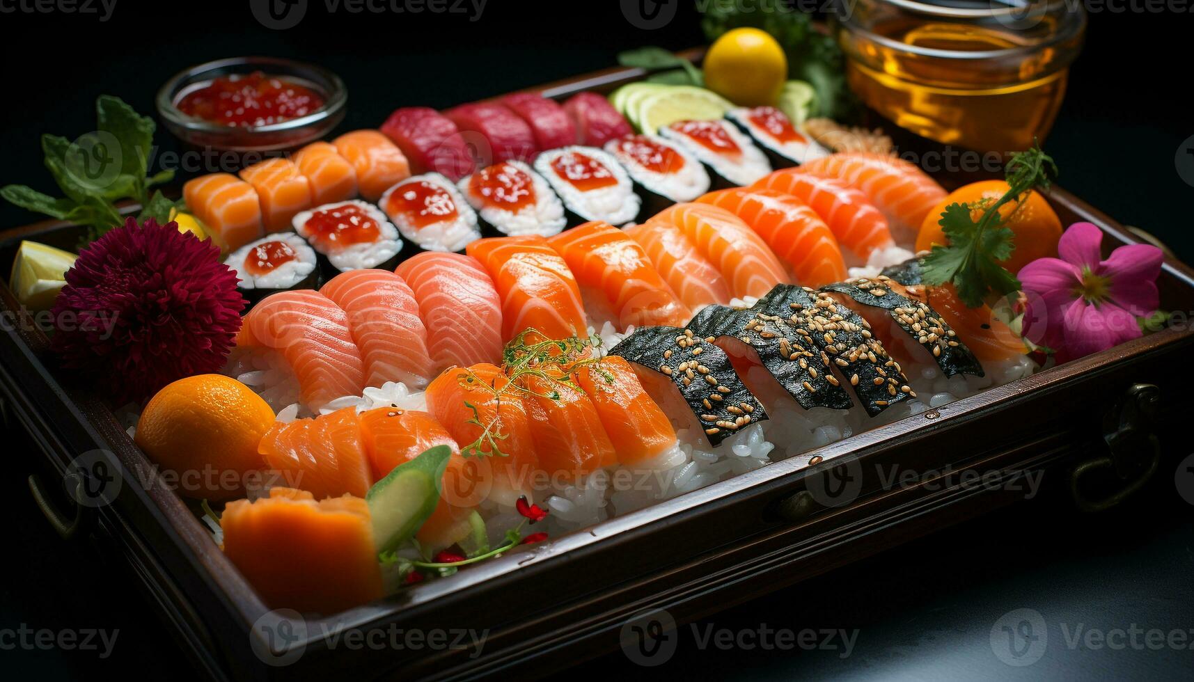 fraîcheur et des cultures sur une plaque, en bonne santé en mangeant avec Sushi généré par ai photo