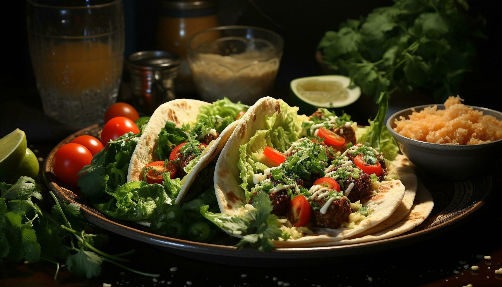 fraîcheur sur une assiette grillé tacos, guacamole, coriandre, fait maison salsa généré par ai photo