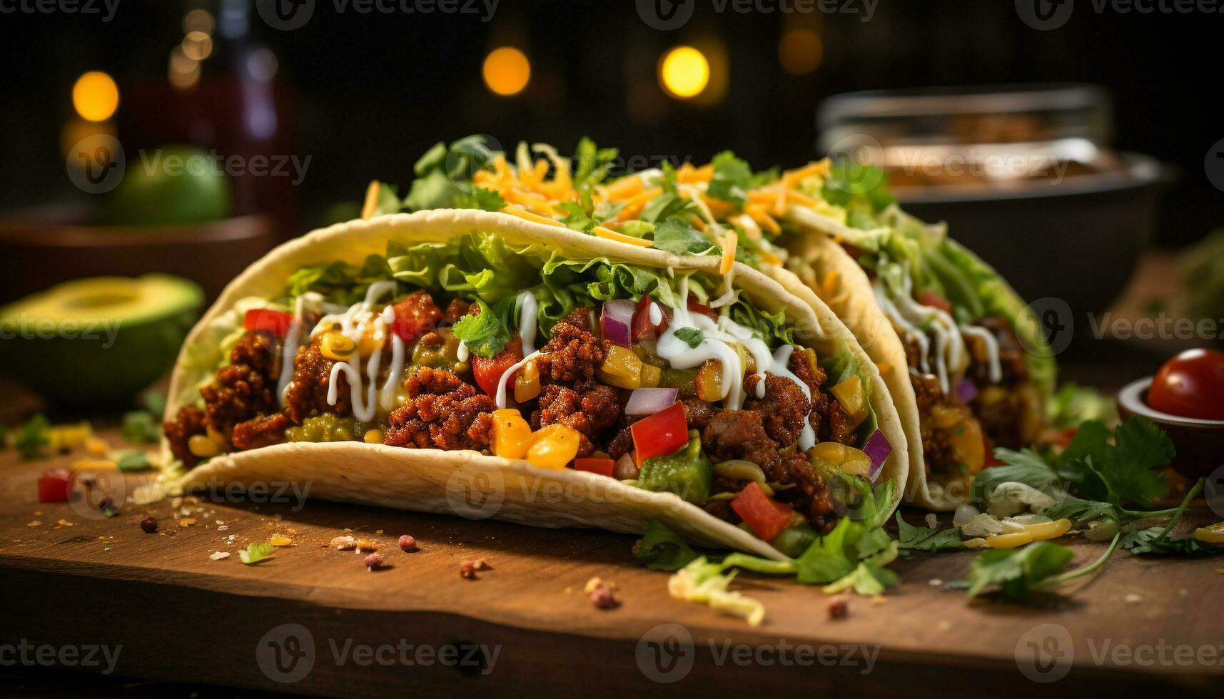 grillé du boeuf taco avec Frais tomate, guacamole, et coriandre généré par ai photo