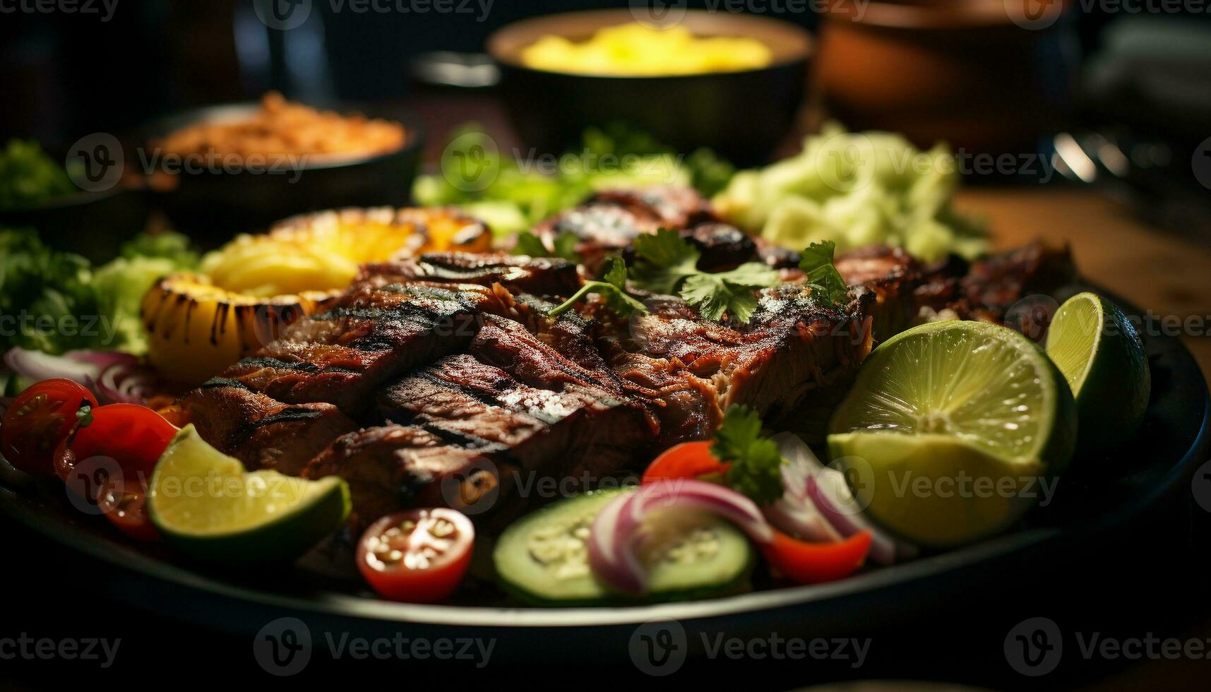 grillé Viande, salade, tomate, plaque, barbecue, steak, légume, fraîcheur, cuit, le déjeuner généré par ai photo